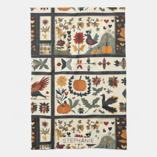Folk Art Autumn Quilt Pattern Rustic Harvest Tea Towel