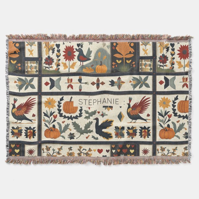 Folk Art Autumn Quilt Pattern | Rustic Harvest Throw Blanket (Front)