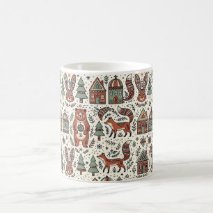 Folk Art Bear Fox Rabbit Nordic Forest Coffee Mug