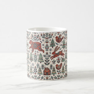 Folk Art Bear Hare Robin Nordic Forest Coffee Mug