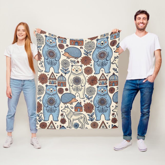 Folk Art Bear Hedgehog Wolf Pattern Blanket (In Situ)
