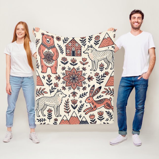 Folk Art Bear Wolf Hare Forest Pattern Blanket (In Situ)