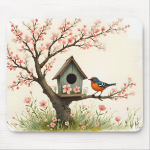 Folk Art Bird and Birdhouse Mouse Pad