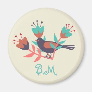 Folk Art Bird and Floral Monogram Magnet