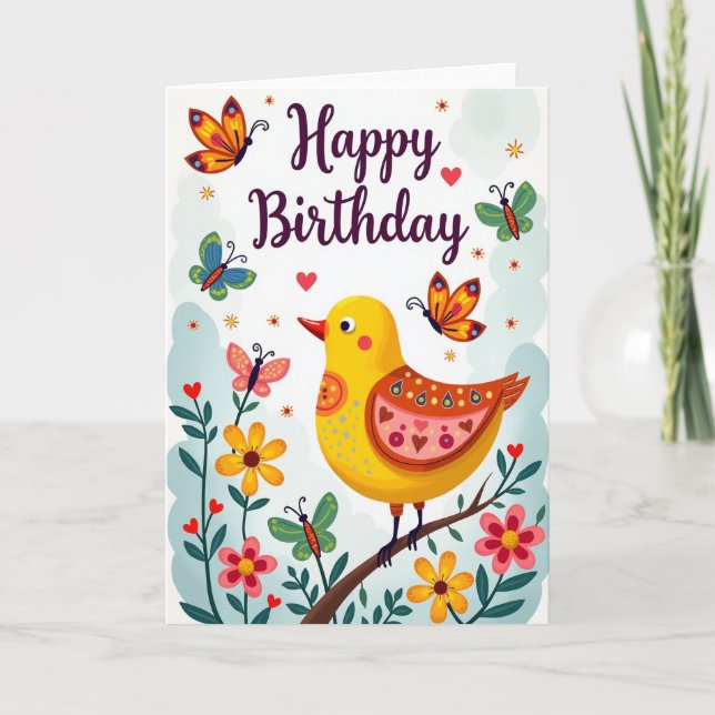 Folk Art Bird Birthday Card (Front)