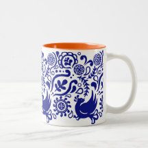 Folk Art Bird & Flower Pattern | Blue & White Mug