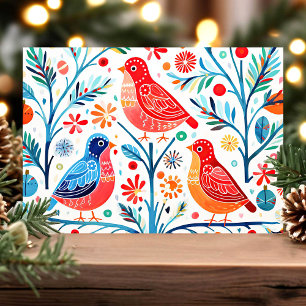 Folk Art Birds and Flowers Colourful Floral Holiday Card