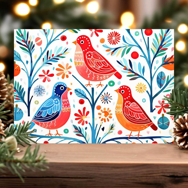 Folk Art Birds and Flowers Colourful Floral Holiday Card (Creator Uploaded)