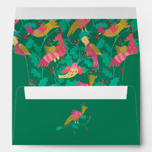 Folk Art Birds and Holly Illustrated Christmas Envelope