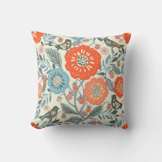 Folk Art Birds And Strawberry Design Cushion