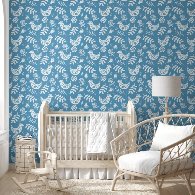 Folk Art Birds Blue White Wallpaper (Kids)