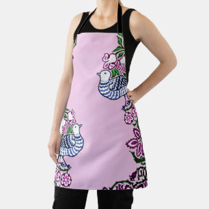 Folk Art Birds Flowers Acorns Apron