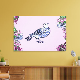 Folk Art Birds Flowers Acorns Canvas Print