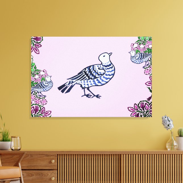 Folk Art Birds Flowers Acorns Canvas Print (Insitu(LivingRoom))