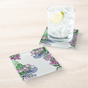 Folk Art Birds Flowers Acorns Glass Coaster