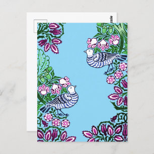 Folk Art Birds Flowers Acorns Postcard