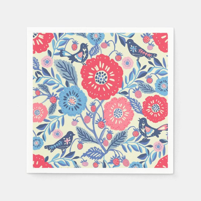 Folk Art Birds Strawberry And Flowers Napkin (Front)