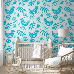 Folk Art Birds Teal White Wallpaper