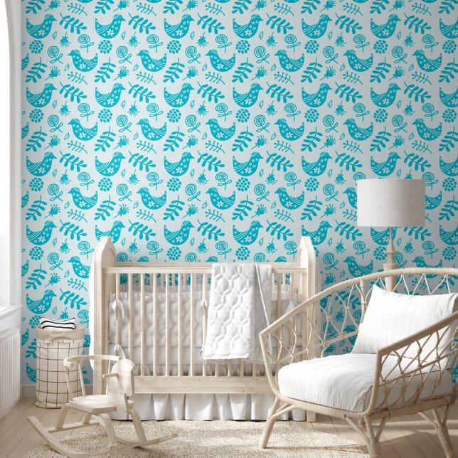 Folk Art Birds Teal White Wallpaper (Kids)