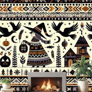 Folk Art Black Birds Pumpkins Witch Haunted House  Wallpaper
