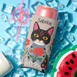 Folk Art Black Cat and Flowers Personalised Seltzer Can Cooler
