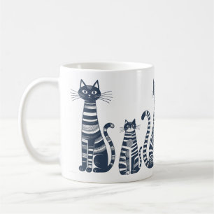 Folk Art Black White Striped Cats Coffee Mug