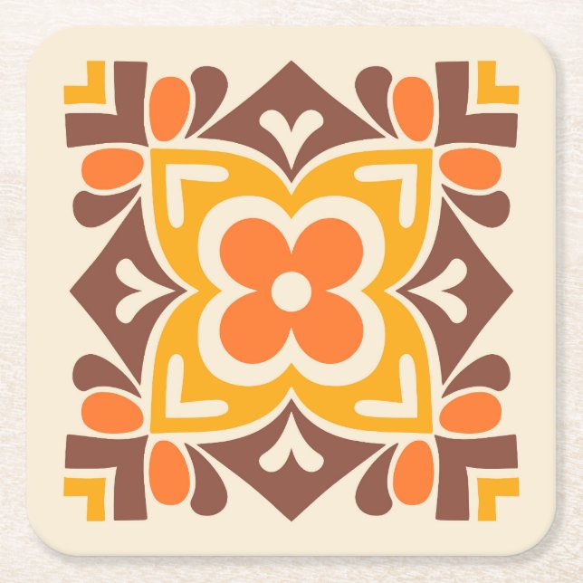 Folk Art Bloom Square Paper Coaster (Front)