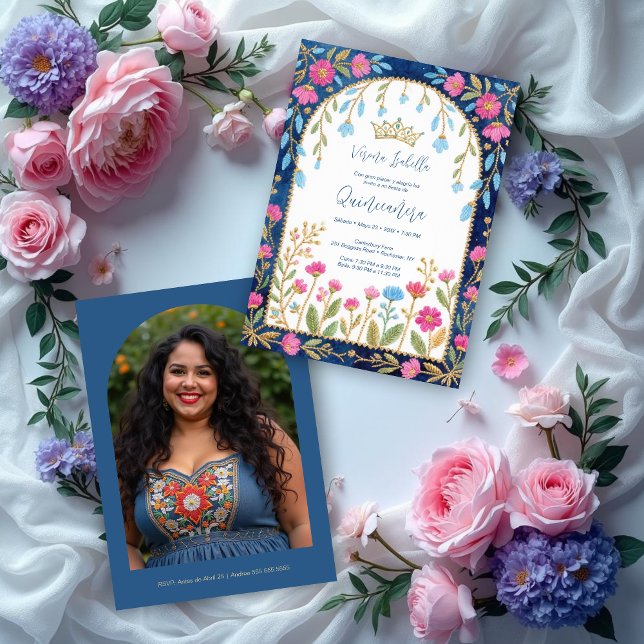 Folk Art Blue Shades Spanish Mexican XVs Floral Invitation (Folk Art Blue Shades Spanish Mexican XVs Floral Border Embroidery Style Quinceañera Invitation Cards)