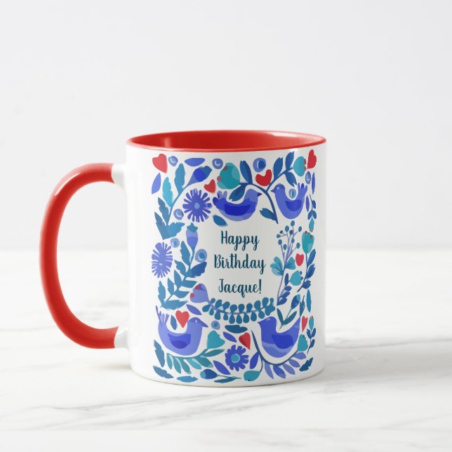 Folk Art Bluebird Personalised Birthday Gift Mug (Left)