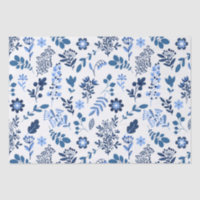 Folk Art Botanical Floral Print Blue White Foliage