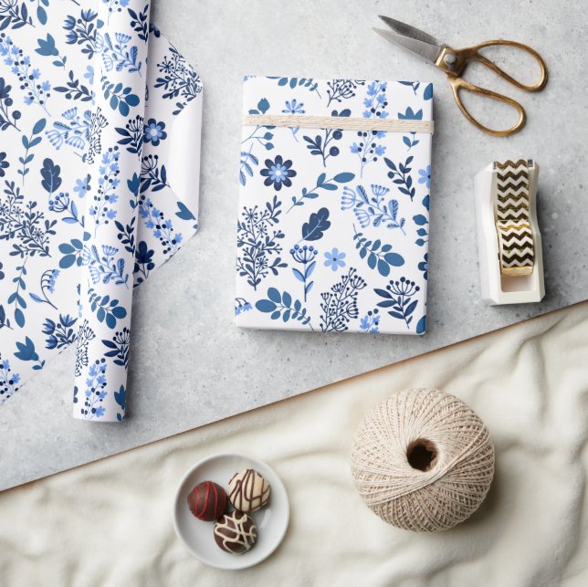 Folk Art Botanical Floral Print Indigo Blue White Wrapping Paper (Crafts)