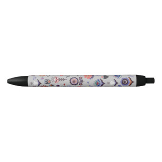 Folk Art Botanical Seamless Pattern Black Ink Pen