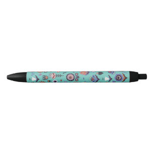 Folk Art Botanical Seamless Pattern Blue Ink Pen