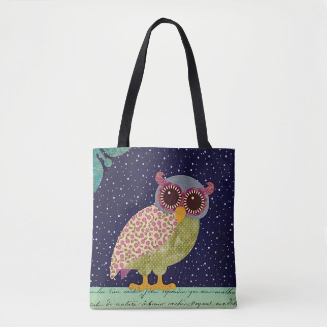 Folk Art Calico Pattern Owl at Night Tote Bag (Front)