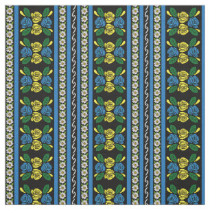 Folk Art Canal Narrowboat Blue Yellow Roses Fabric