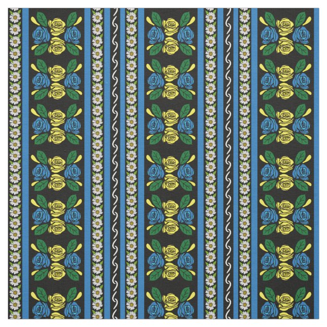 Folk Art Canal Narrowboat Blue Yellow Roses Fabric (Swatch)