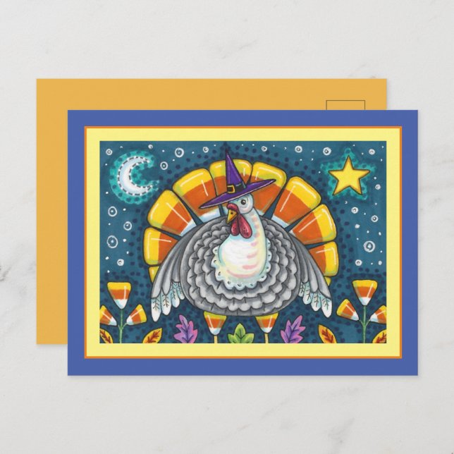 FOLK ART CANDY CORN TURKEY PILGRIM, THANKSGIVING POSTCARD (Front/Back)