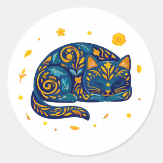 Folk Art Cat in Blue Classic Round Sticker