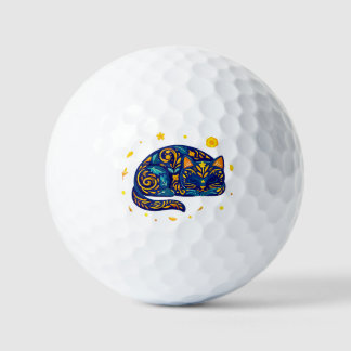 Folk Art Cat in Blue Golf Balls