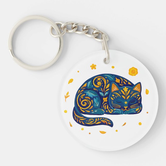 Folk Art Cat in Blue Key Ring (Front)