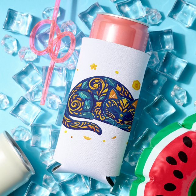 Folk Art Cat in Blue Seltzer Can Cooler (In Situ Summer)