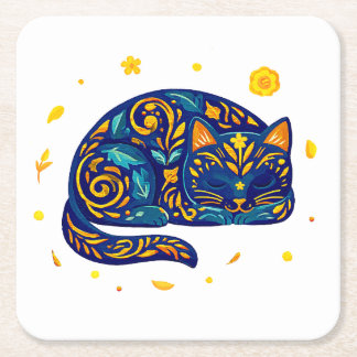 Folk Art Cat in Blue Square Paper Coaster