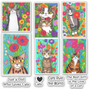 Folk Art Cats and Colorful Flowers