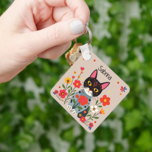 Folk Art Cats and Flowers Personalized Key Ring