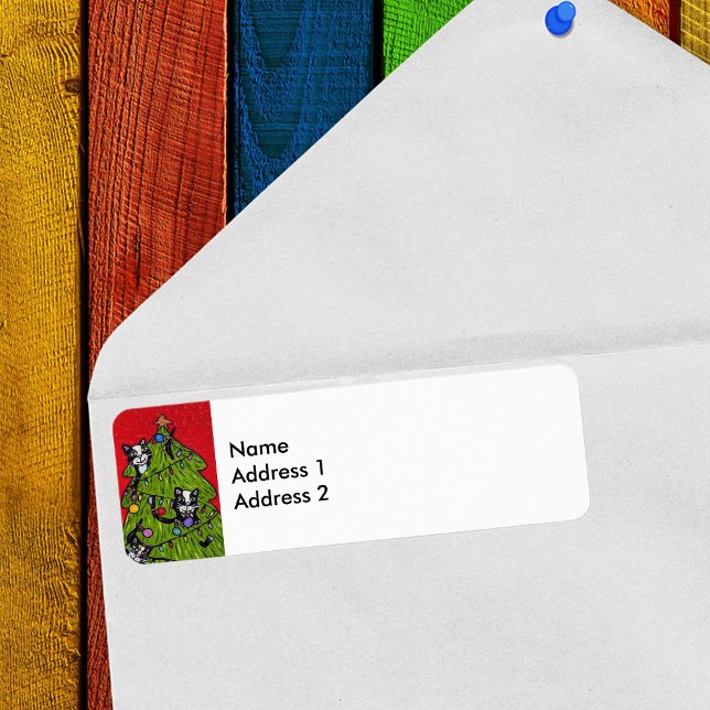 Folk Art Cats Christmas Tree (Naughty tuxedo Cats in decorated Christmas Tree on return address labels.)
