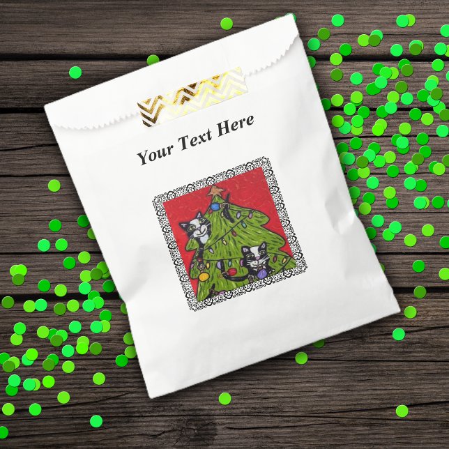 Folk Art Cats Christmas Tree Favour Bags (Naughty cats climbing in Christmas tree on red with black border on white favor or treat bags.)