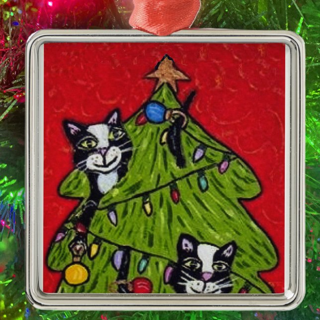 Folk Art Cats Christmas Tree Metal Tree Decoration (Two naughty cat in decorated Christmas tree on red hanging ornament.)