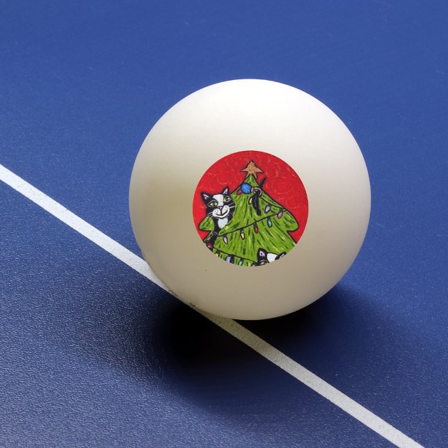 Folk Art Cats Christmas Tree Ping Pong Ball (Naughty cats climbing Christmas tree with star on red on ping pong ball.)