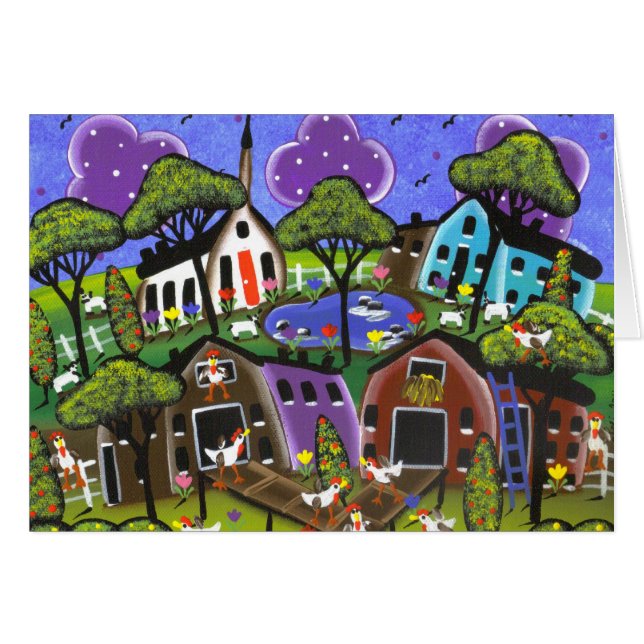 Folk Art Chicken Flock By Lori Everett Card (Front Horizontal)