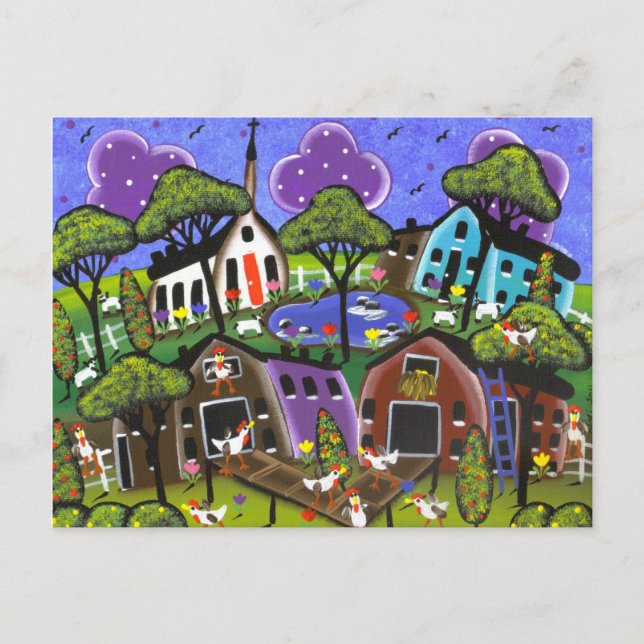 FOLK ART Chicken Flock BY LORI EVERETT postcard (Front)